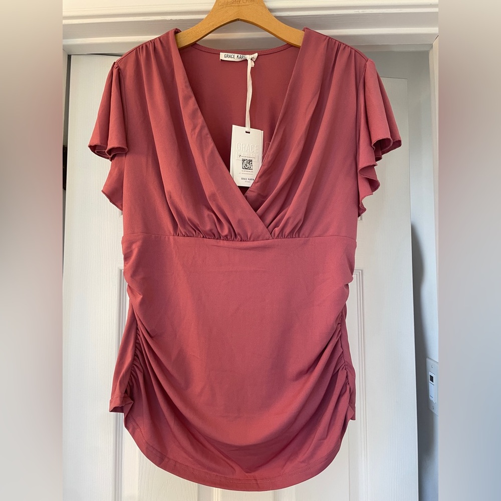 Grace Karin Mauve V-Neck Ruched Blouse - Picture 2 of 4